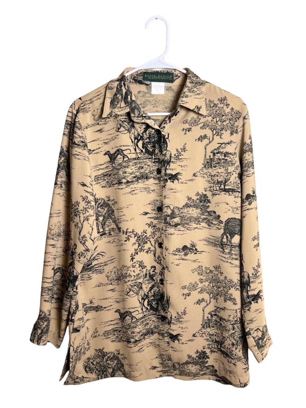Harve Benard Toile Print Shirt Vintage 90s Tan Mens Large